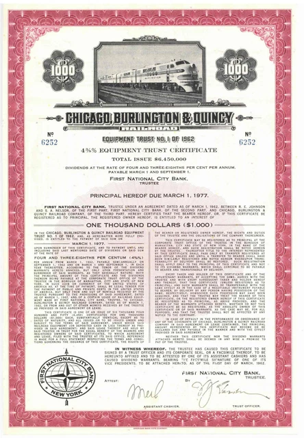 Chicago, Burlington and Quincy Railroad Equipment Trust. Bond Certificate