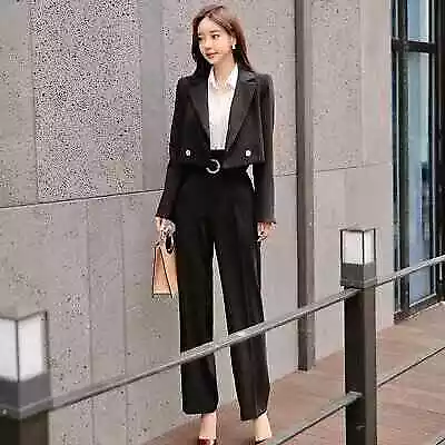 Tailleur completo donna nero elegante giacca manica lunga pantalone 4867