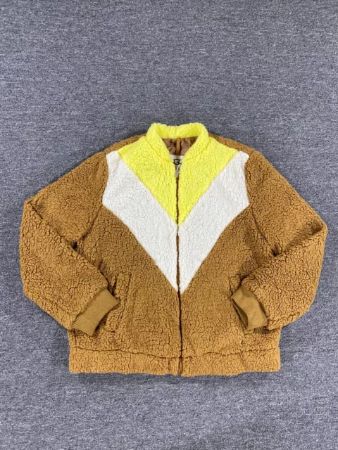 UGG Jacket Womens Large Retro Brown Yellow Teddy Bear Sherpa Chevron Full Zip L