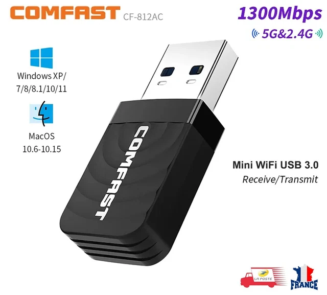 Clé WiFi Puissante 2.4G 5GHz 1300Mbps Adaptateur Wifi USB 3.0 Double Bande