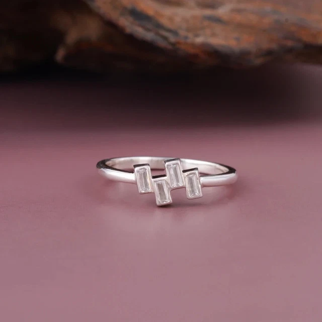 Baguette Zircone 925 Argent Sterling Fiançailles Mariage Promesse Bague