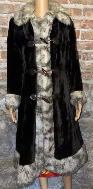 Vintage 70s Brown Faux Fur Long Coat W/Wooden Toggle Buttons Womens Small