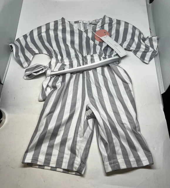 Bailey's Blossoms 0-3 Mo Gray White Striped Tie Front Short Sleeve Jumpsuit NWT