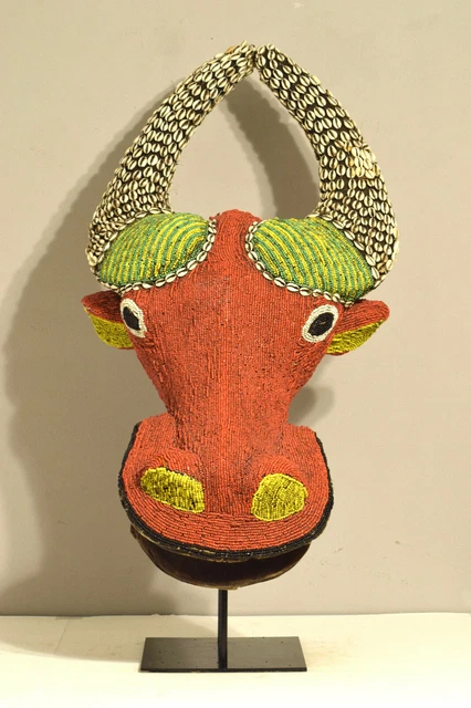 African Mask Bamileke Tribe Water Buffalo Head Beaded Mask