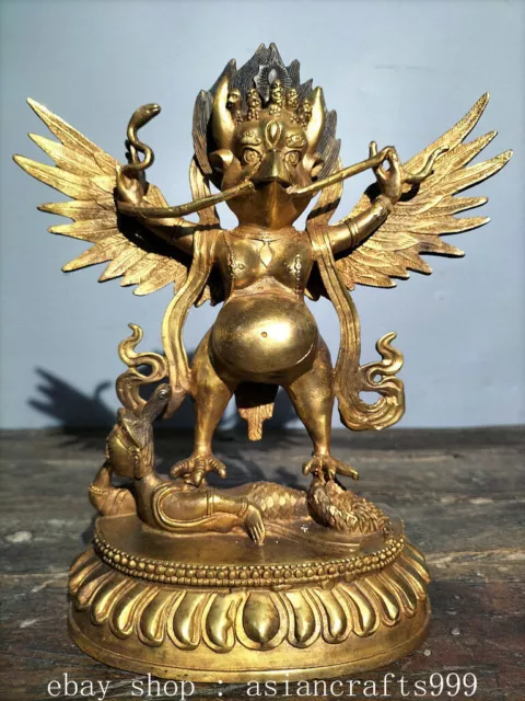 10.8" Alte Tibet Bronze Gilt Redpoll Geflügelt Garuda Vogel Adler Buddha Statue-