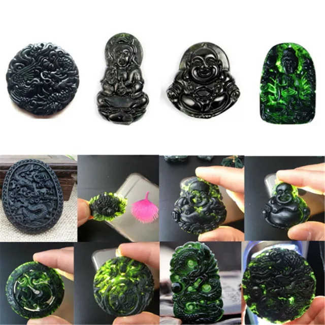 Chinese Natural Black Green Jade Pendant Buddhism Good Lucky Amulet Xmas Gift