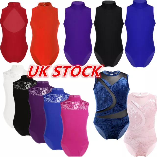 UK Kid Girls Turtle Neck Lace Ballet Dance Costume Sleeveless Gymnastics Leotard