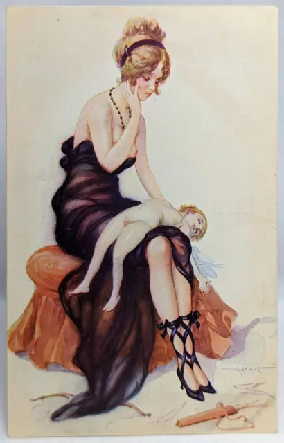 Artist Signed Risque A. Penot Lover with Dead Naked Cudid Antique Postcard