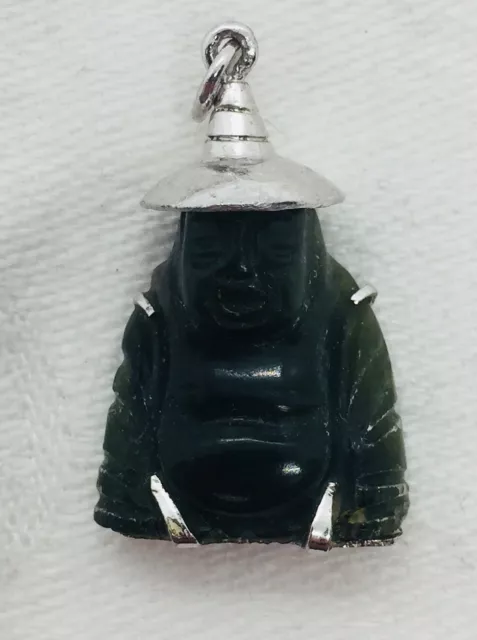 Vintage Chinese Sterling Silver Carved Green Jade Buddha Charm Pendant