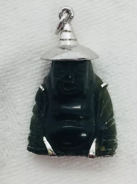 Vintage Chinesisch Sterlingsilber Geschnitzter Grüner Jade Buddha Charm Anhänger