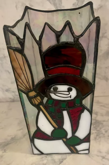 Vintage Studio Nova Snowman Stained Glass Candle Shade Hurricane Slag 8.25”