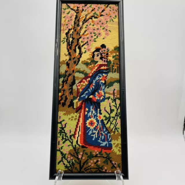 Framed Needlepoint Geisha In Fall Garden Blue Red Kimono Cottage 20"x8" Vintage