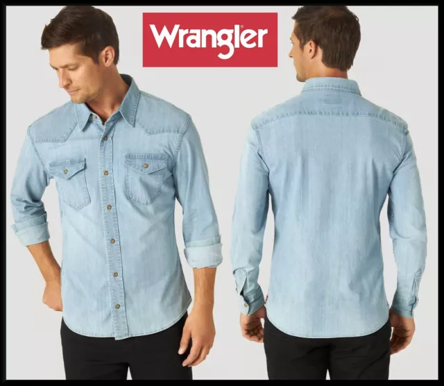 Mens New Wrangler Denim Shirt Slim Fit Comfort Flex Vintage Western Casual Jeans