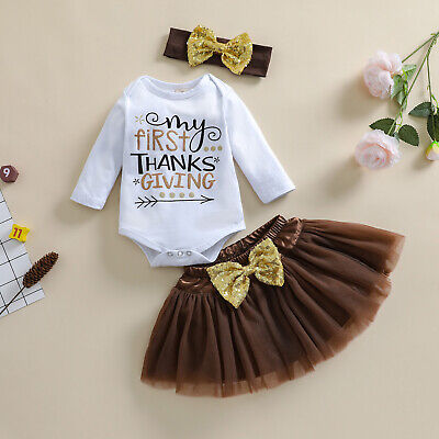 3PCS Baby Girls Thanksgiving Dress Outfits Toddler Clothes Romper Skirt Set