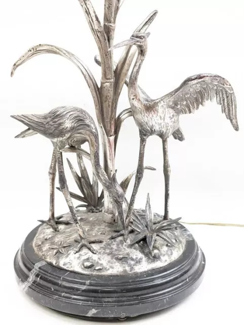 Antique Figural Crane / Heron Silver Plated on Bronze Table Lamp Signed S. Agudo