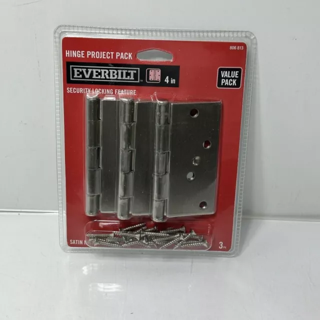 3 PACK NEW Everbilt 4" Square Corner Door Hinges, 806-813 Satin Nickel Finish