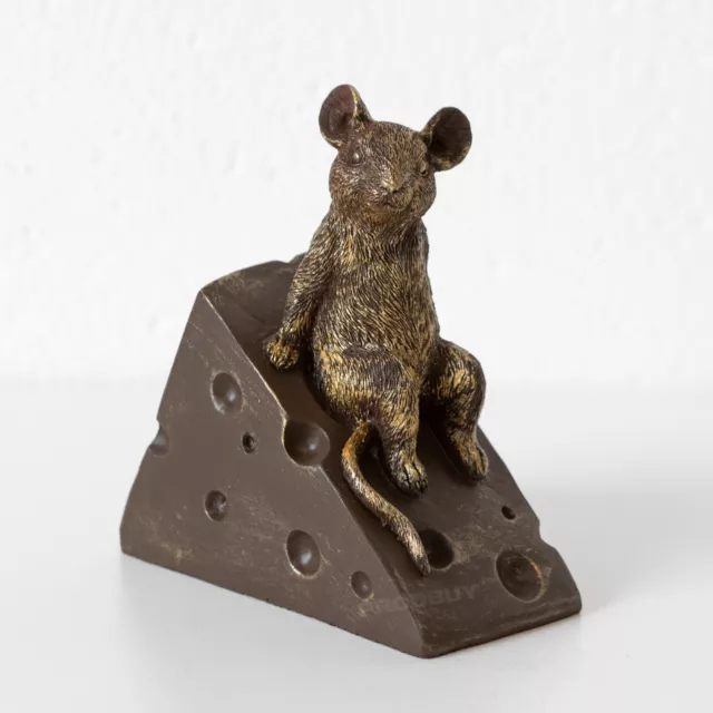 Mouse on Cheese Sculpture Cute 13cm Tall Resin Ornament Antique Gold Effect