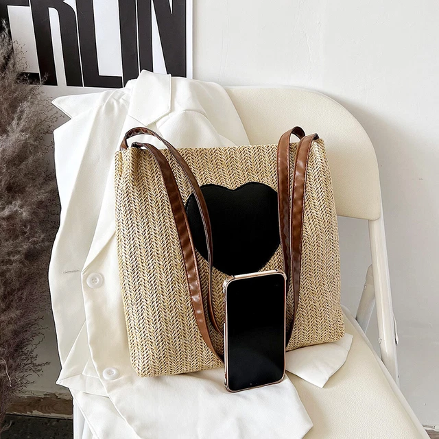 Summer Love Straw Woven Handbags Women Knitted Bucket Shoulder Bag (Camel) 7