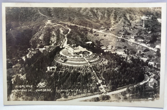 RPPC Airplane Aerial View, Japanese Gardens, Hollywood, CA Vintage Postcard