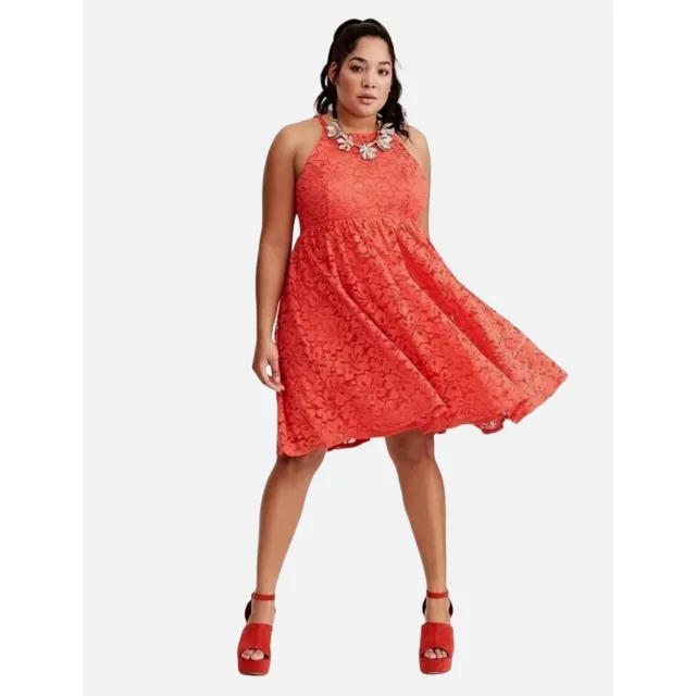 Size 22 3X VIBRANT CORAL LACE SLEEVELESS FIT & FLARE DRESS Summer PLUS SIZE
