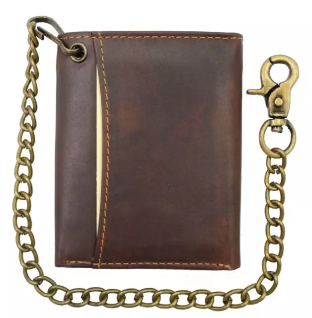 Men's Trifold Hunter Leather Biker Chain Wallet with RFID Protected