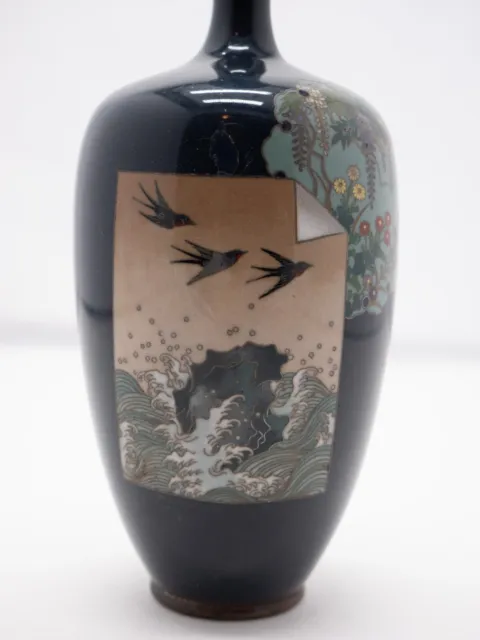 Rare Wisteria Birds Japanese Cloisonne Vase Meiji Birds Flowers Enamel Oriental