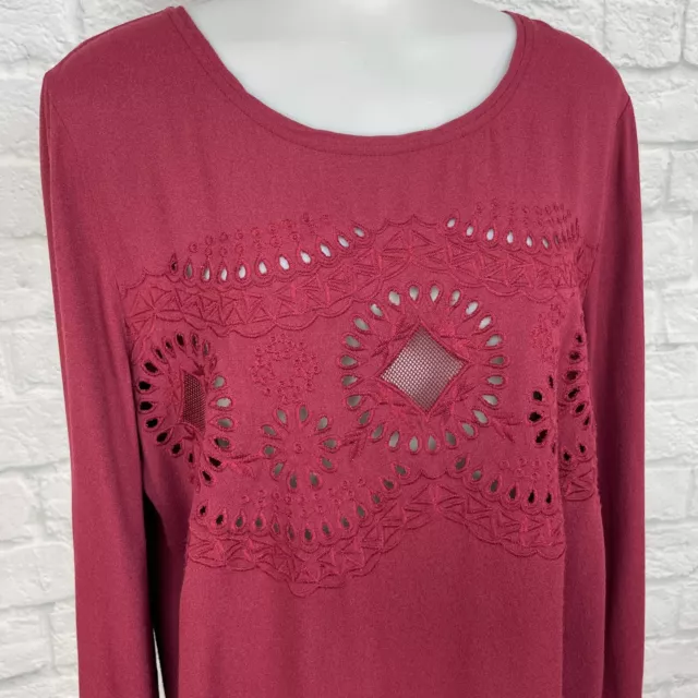 Storee Blouse Medium Top Burgundy Embroidered Eyelet Long Sleeve Women's 2