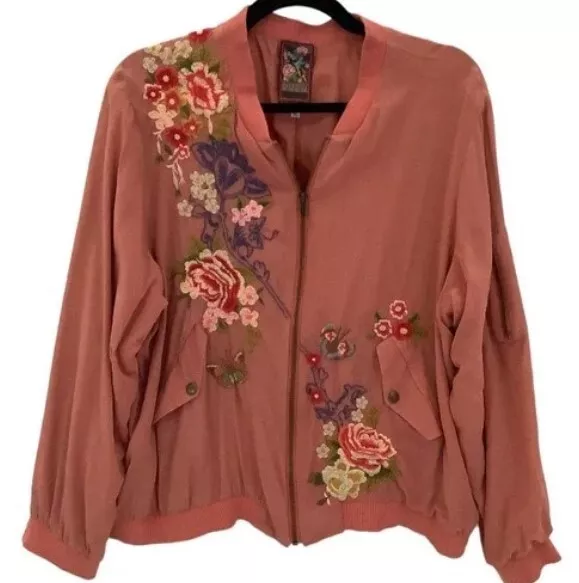 ABSOLUTELY BEAUTIFUL!! Johnny Was Coral Bomber Jacket In Crepe De Chine Size XL