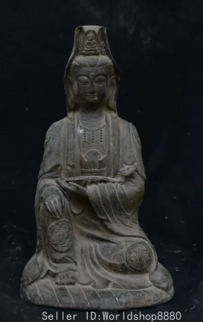 11.6" Old Chinese Buddhism Bronze Kwan-yin Guan Yin Goddess Sit Statue Sculpture