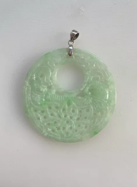 Vintage Chinese Sterling Silver Green Jade Carved Koi Fish Pendant 5.6 cm 2.2"