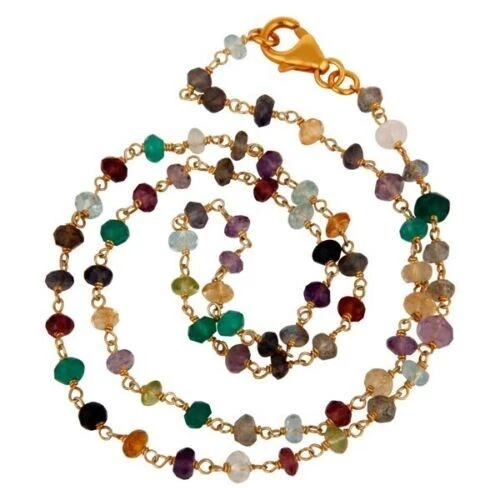 18K Yellow Gold Plated Multi Beaded Chain Colorful Raw Rough Stone Long Necklace 18K Yellow Gold Plated Multi Beaded Chain Colorful Raw Rough Stone Long Necklace