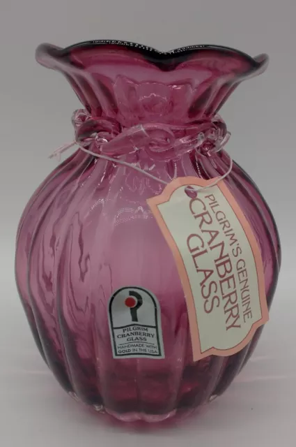 Pilgrim Genuine Cranberry Glass Vase Made With Gold USA Tag