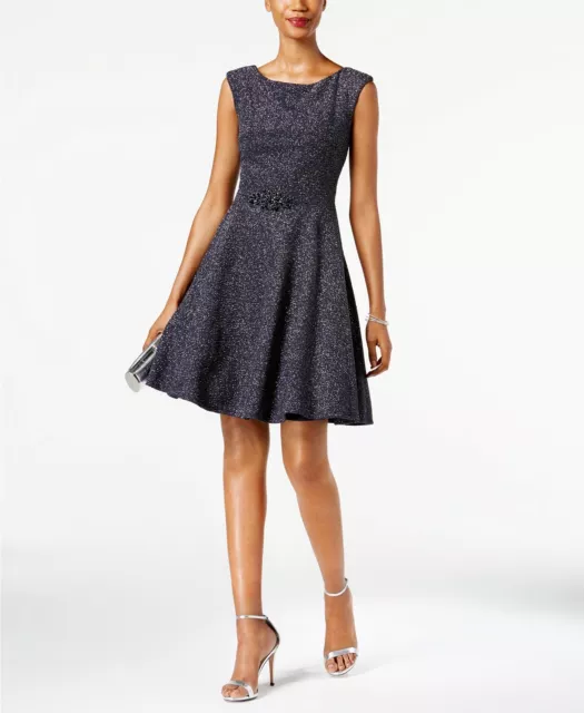 $350 Betsy & Adam Womens Gray Glitter Stretch Textured Fit & Flare Dress Size 10