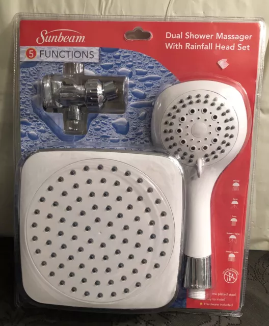 New Sunbeam 5 Function Dual Shower Massager with Rainfall Head Set White