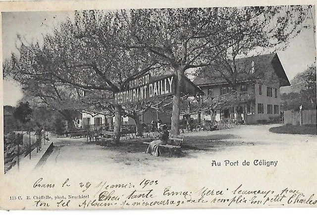 CPA carte postale ancienne au port de Céligny Suisse belle animation restaurant