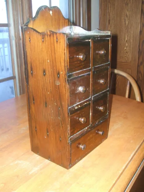 VINTAGE WOOD SEWING Notions Box Storage Cabinet Wall Hanging