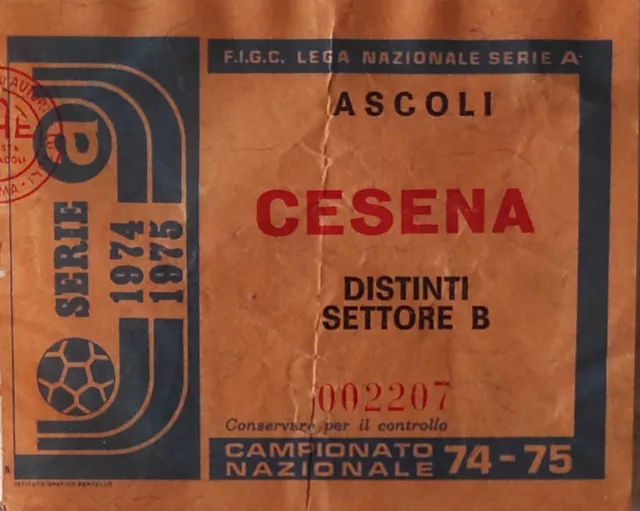 Cesena Calcio, Biglietto Trasferta Ascoli Cesena, Serie A Stagione 1974/1975