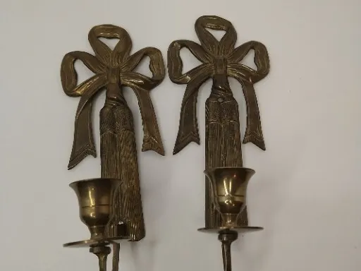 Vintage Brass Bow And Tassel Candle Holder Set