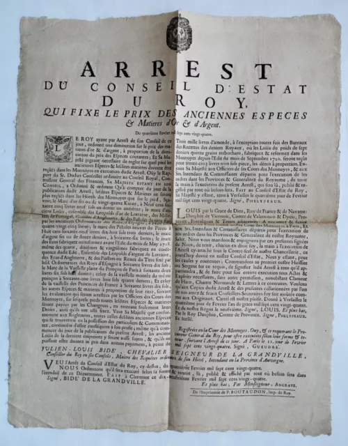 placard- ARREST du CONSEIL d'ESTATdu ROY qui fixe le prix des anciennes espèces