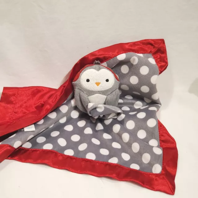 Old Navy Red Gray Owl Penguin Polka Dot Baby Blanket 2013 Earmuffs Lovey 14"