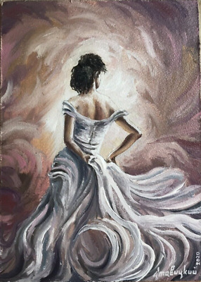 Dancing emotional girl in original oil painting, Erotic tender beauty woman art
