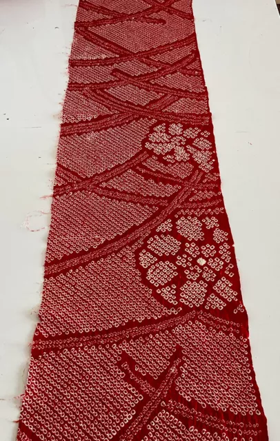Vintage Japanese Kimono Silk Shibori Fabric, red floral skinny Panel 120cm(47")