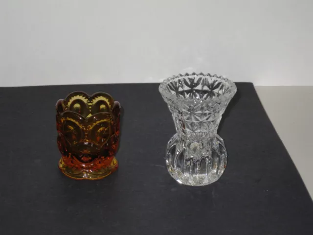 Toothpick Holder Moon & Star Amber Glass and  3" Clear Crystal Rose Vase VINTAGE