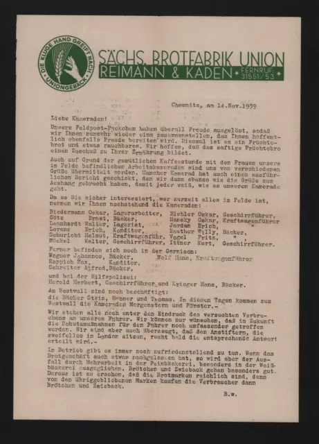 CHEMNITZ, Brief 1939, Sächs. Brot-Fabrik Union Reimann & Kaden