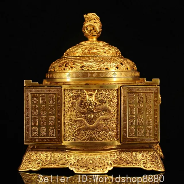 10" ancient Chinese copper Gilt Dragon beast Smoked Incense Burner Censer