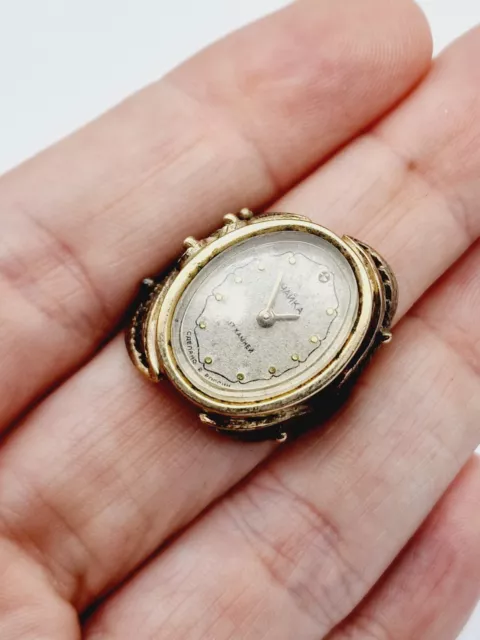 Vintage Russian Chaika Gilt Silver Filligree Ring Watch