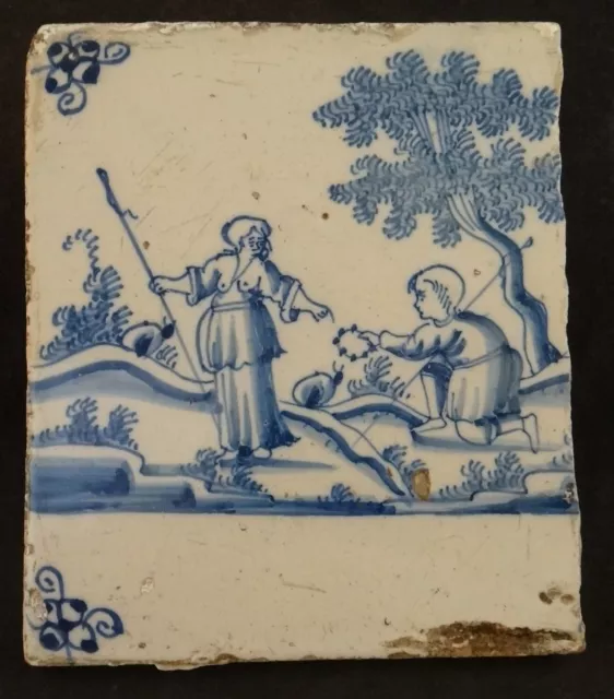 17th c. Dutch Deft Tile w/Topless Shepherdess & Shepherd Boy,  5 1/8” x 4 3/8”.