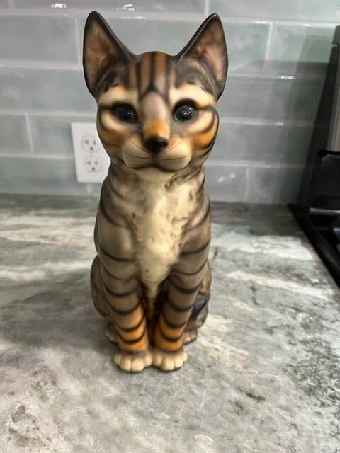 Vintage Green Eyed Ceramic Stripped Cat Numbered Japan Hand Painted