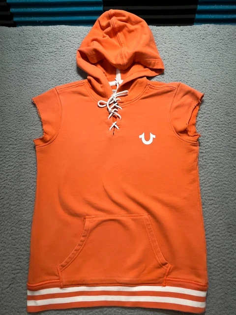 True Religion Jeans Hoodie Sleeveless Mens Medium Orange Pullover Double Sided