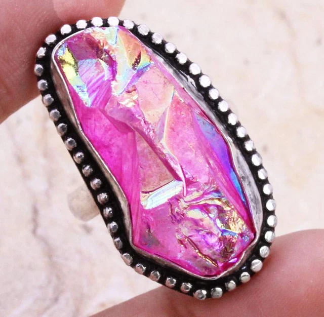 Color Enhanced Titanium Druzy 925 Silver Plated Handmade Ring of US Size 9 Gift